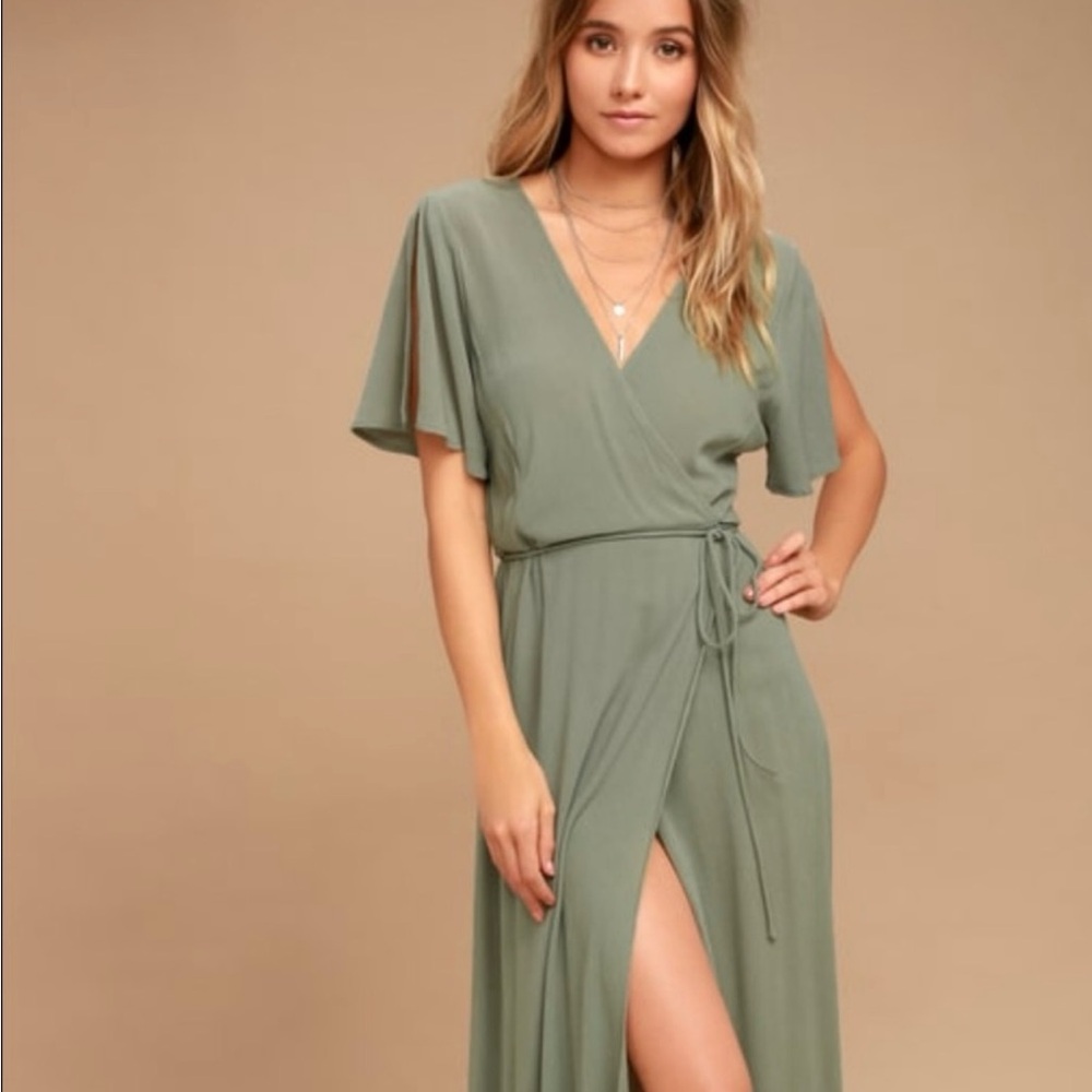 Lulu’s Washed Olive “MUCH OBLIGED” Wrap Maxi Dress